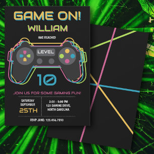 Teen Gaming Gamer Video Game Player Neon Birthday Invitation