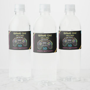 Teen Gaming Gamer Video Game Player Neon Birthday Water Bottle Label
