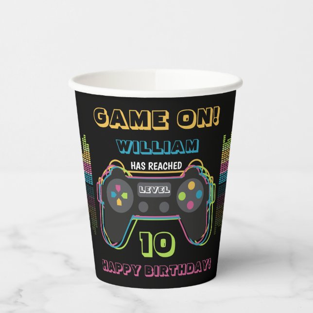 Teen Gaming Gamer Video Game Player Retro Birthday Paper Cups (Left)