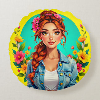 Teen Girl Aesthetic – Floral Cartoon Portrait Round Cushion