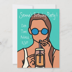 Teen girl bubble tea colourful cute birthday party invitation