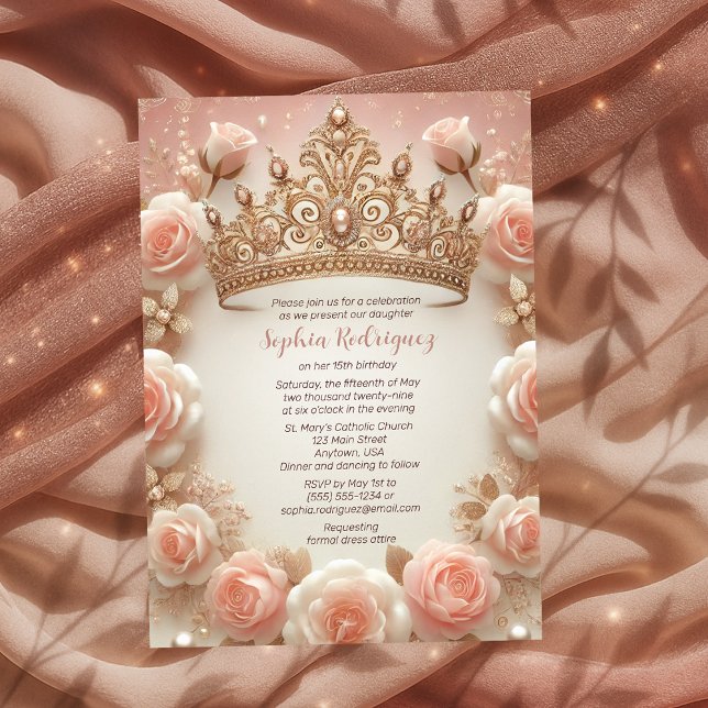 Teen Girl Elegant Blush Roses Crown Quinceañera Invitation (Teen Girl Elegant Blush Roses Crown Quinceañera Invitation)