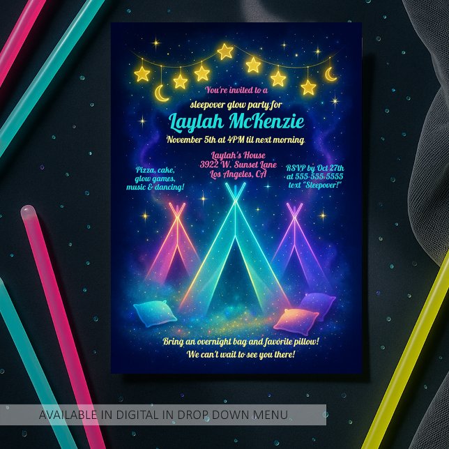 Teen Girl Glow Party Neon Teepee Slumber Party  Invitation (Creator Uploaded)