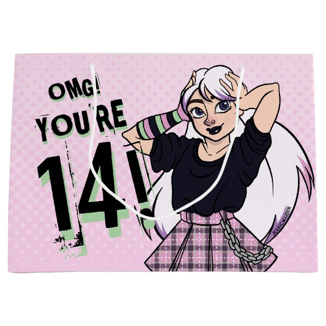 Teen Girl Pink Cartoon Punk 14th Birthday Large Gift Bag (Front)