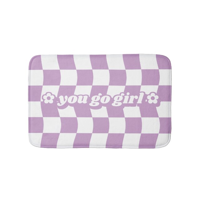 Teen Girl Purple White Chequerboard Pattern Slogan Bath Mat (Front)