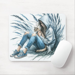 Teen Girl With Pet Cat Mouse Pad