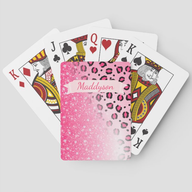 Teen Girls Personalised Sparkly Leopard Print Playing Cards (Back)