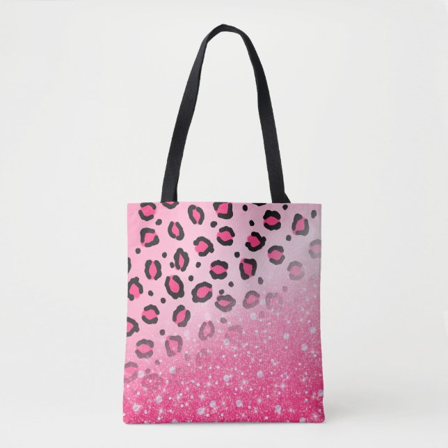 Teen Girls Pink Leopard Print Faux Sparkly Glitter Tote Bag (Front)