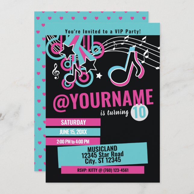 Teen Music Star Birthday Invitation (Front/Back)