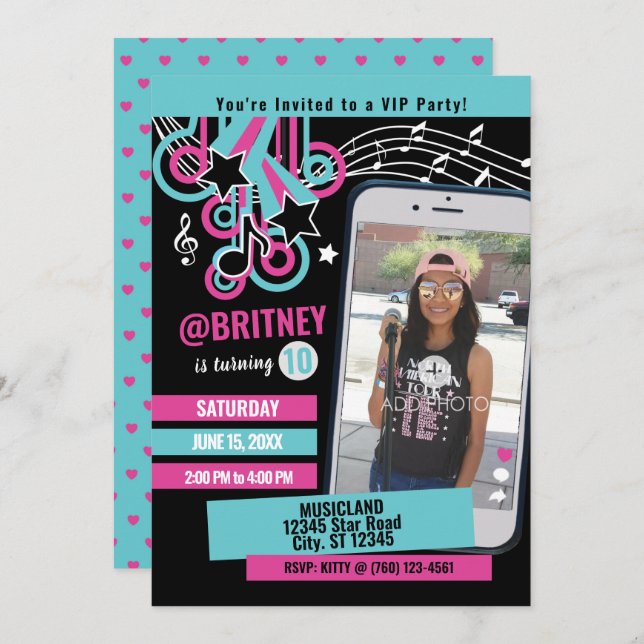 Teen Music Star Photo Birthday Invitation (Front/Back)