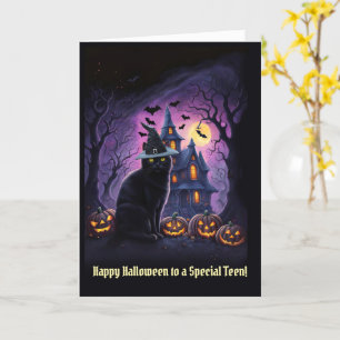 Teen or Teenagers Happy Halloween Black Cat  Card