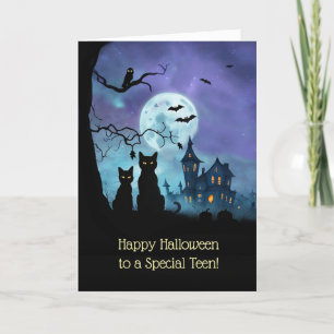 Teen or Teenagers Happy Halloween Black Cats  Card