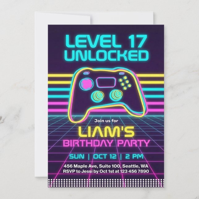 Teen Retro Neon Gamer Birthday Invitation for Boys (Front)
