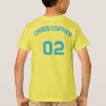 Teen Toddler Boy Girl Sports Name Jersey Number T-Shirt<br><div class="desc">Create your own custom, personalised, cool, unisex sizing, modern, stylish blue typography / font / script, monogrammed player name jersey number yellow, pre-shrunk 100% ComfortSoft® soft cotton t-shirt tee shirt. Simply type in your name / kids name / player name and player jersey number, to customise. (You may also type...</div>