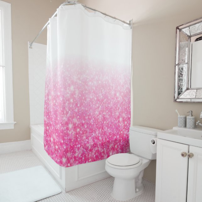 Teen Tween Girls Sparkly Pink Glitter Ombre Shower Curtain (In Situ)