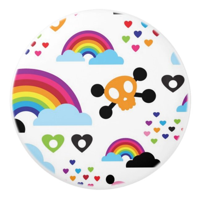 Teenage emo rainbow skull background ceramic knob (Front)