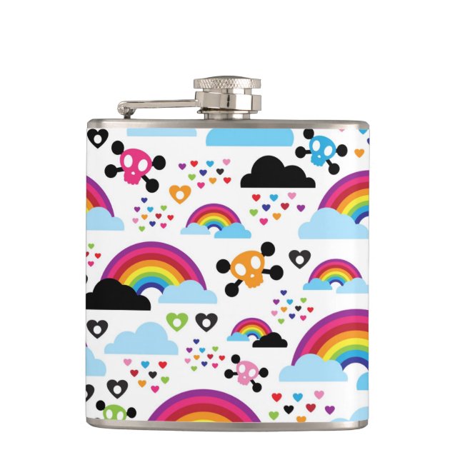 Teenage emo rainbow skull background hip flask (Front)