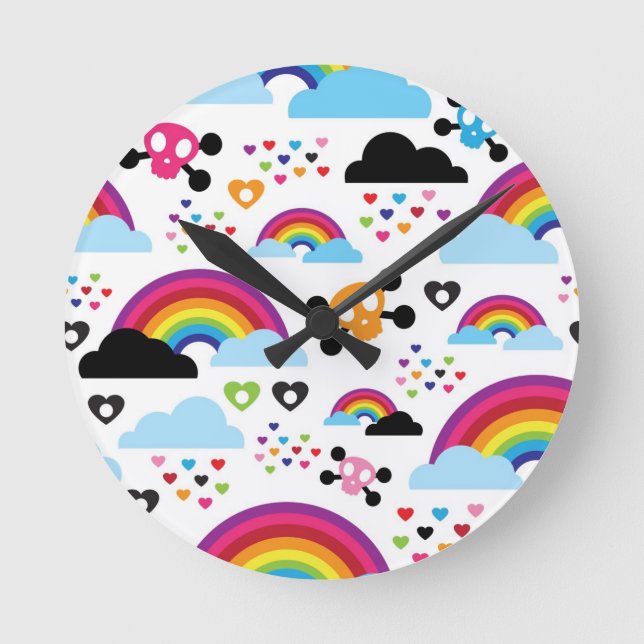 Teenage emo rainbow skull background round clock (Front)