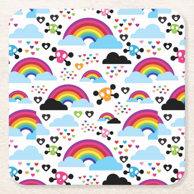 Teenage emo rainbow skull background square paper coaster (Front)