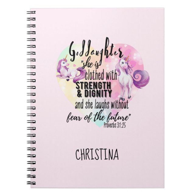 Teenage Goddaughter Gift Pink Unicorn Proverb Cute Notebook (Front)