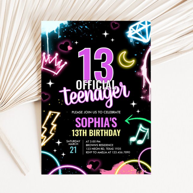 Teenager Neon Thirteenth Birthday Party Invitation (Neon Teenager 13th Birthday Party Invitation)