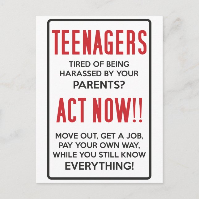 Teenagers, Tired of Being Harassed? Act Now!! Postcard (Front)