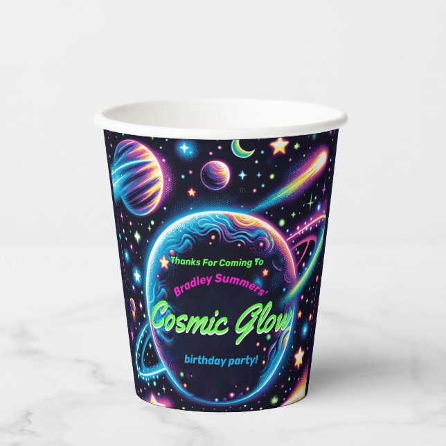 Teens Cosmic Glow Space Themed Birthday Party Paper Cups (Front)