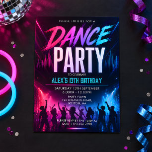 Teens Neon Dance Party Birthday Invitation