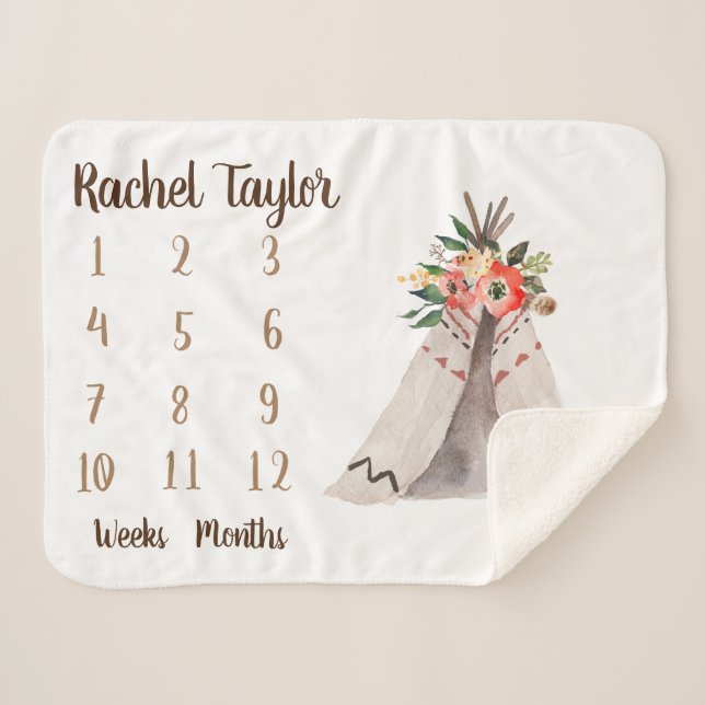 Teepee Boho Monthly Milestone Sherpa Blanket (Front (Horizontal))