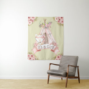 Teepee Fox Baby Shower Backdrop Banner Tapestry
