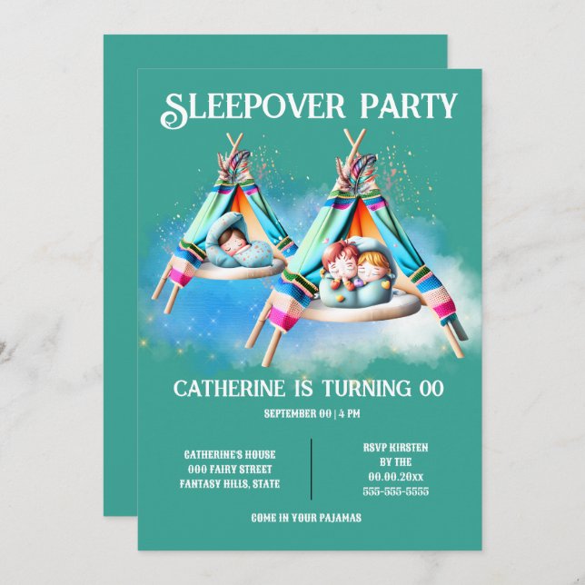 Teepee glamping sleepover slumber party kids fun invitation (Front/Back)