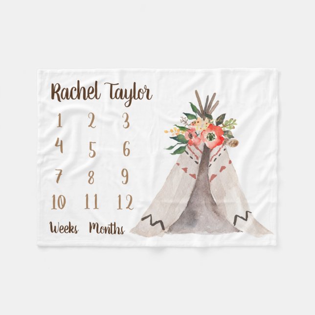 Teepee Monthly Baby Girl Milestone Blanket (Front (Horizontal))