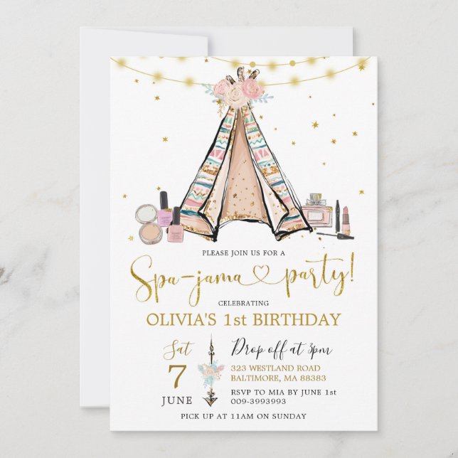 Teepee Pink Floral Girl Spa-Jama Party Invitation (Front)
