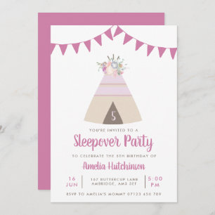 Teepee Slumber Party Girls Purple Floral Birthday Invitation