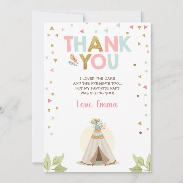 Teepee Tribal Boho Thank You Card Girl Pink (Front)