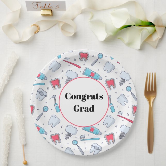 Teeth and Tools Dental Pattern Congrats Grad Paper Plate (Wedding)