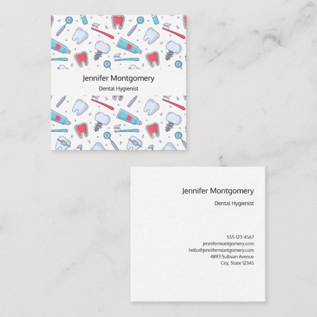 Teeth and Tools Dental Pattern Square Business Card (Front/Back)