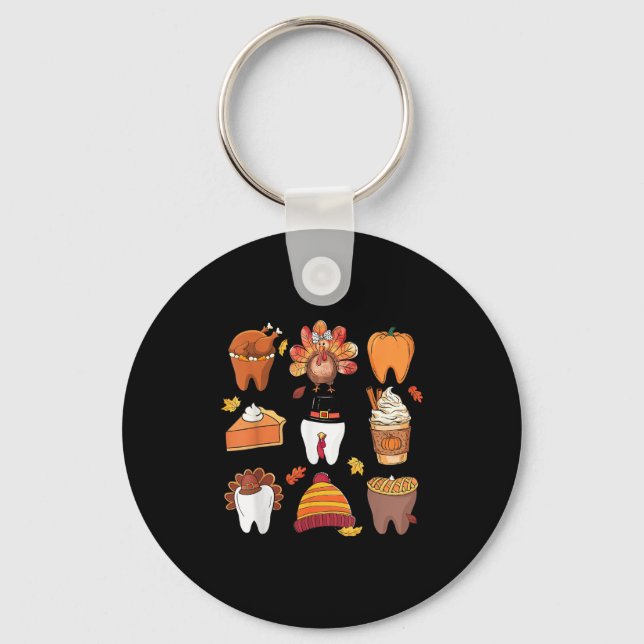 Teeth Pumpkin Turkey Coffee Fall Dental Squad Than Key Ring (Front)