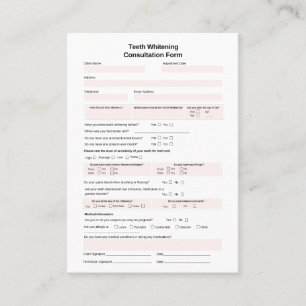 Teeth Whitening Consultation Form Business Card