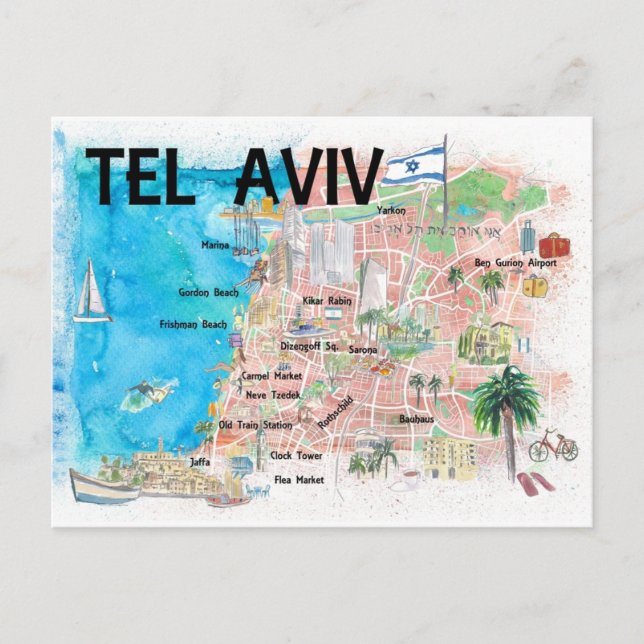 Tel Aviv Israel Illustrated Map with Roads  Postcard (Front)