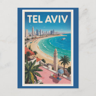 Tel Aviv Israel Illustration Travel Art Vintage Postcard