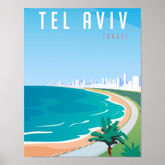 *~* Tel Aviv Israel Poster Blue Cityscape Palm (Front)