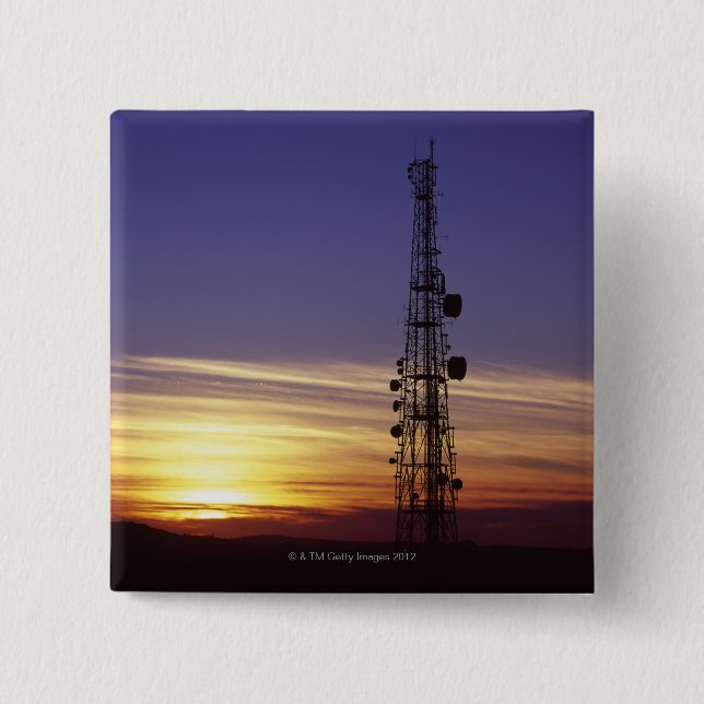 Telecommunications mast at sunset 15 cm square badge (Front)