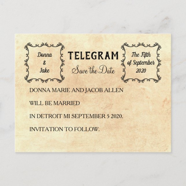 Telegram Save the Date Announcement Postcard (Front)