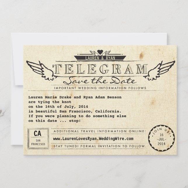 Telegram Vintage Travel Winged Heart Save the Date (Front)
