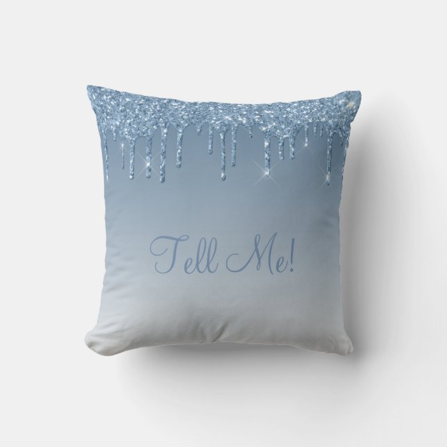 “Tell Me” Blue Glitter Bling Girly Pretty Ombré Cushion (Front)