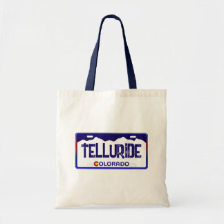 Telluride Colorado blue license plate tote bag