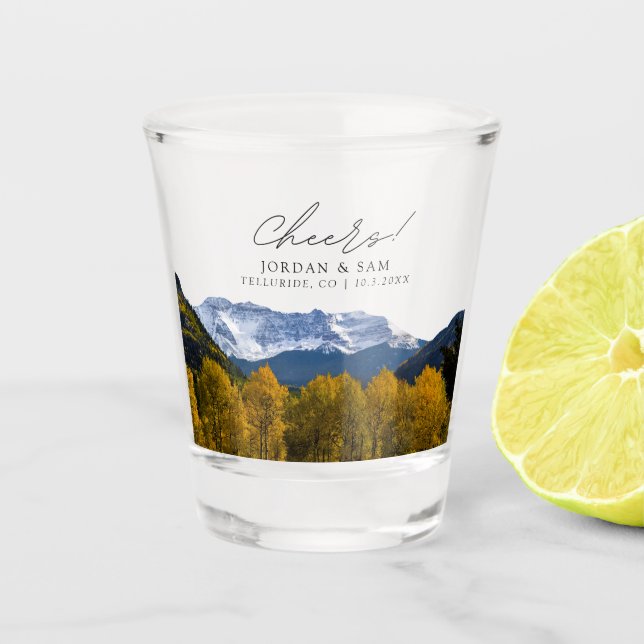 Telluride Photo Wedding Favour Cheers Shot Glass (Front)