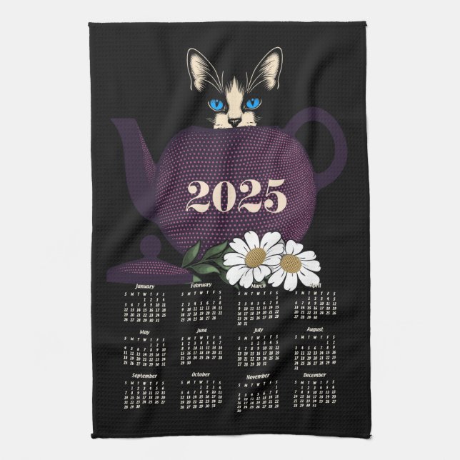 Tempest in a Teapot Kitten Cat Cute 2025 Calendar Tea Towel (Vertical)
