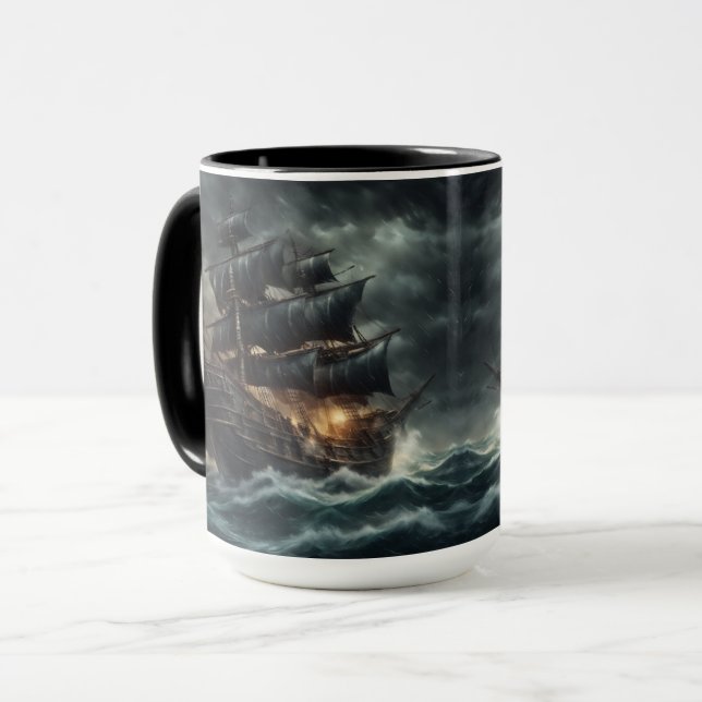 Tempest of the Black Seas: Dark Pirate Ship Mug (Front Left)